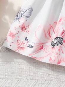 少女优雅花卉印花短袖长裤套装，春夏