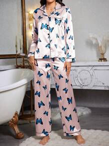 SHEIN Silk-Like Butterfly Print Lapel Long Sleeve Pajama Set - Baby Pink - View 3