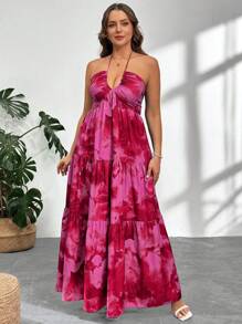 Firerie Plus Size Women Tie-Dye Print Ruffle Hem Halter Neck Dress, Vacation Style Spring To Summer - Hot Pink - View 6