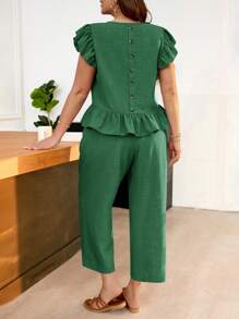 SHEIN Frenchy Plus Size Women Solid Color Ruffle Sleeve Shirt And Pants 2 Pieces Set, Casual