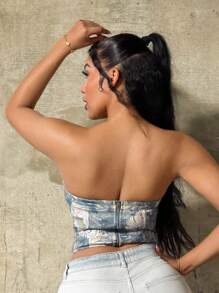 SHEIN SXY Women's Floral Print Adjustable Bandeau Top, Fashionable For Vacation,Corset Tops,Tube Tops,Summer,Sexy,Club Outfits Women Sexy,Gyaru,Streetwear Women,Summer,Y2K - Blue and White - View 2