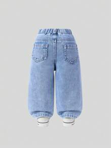SHEIN Playful Pals Baby Girl Denim Casual Urban Light Wash Fully Elastic Waist Heart Patch Embroidered Wide Legs Pants The Best Daily Fashion - Light Wash - View 2
