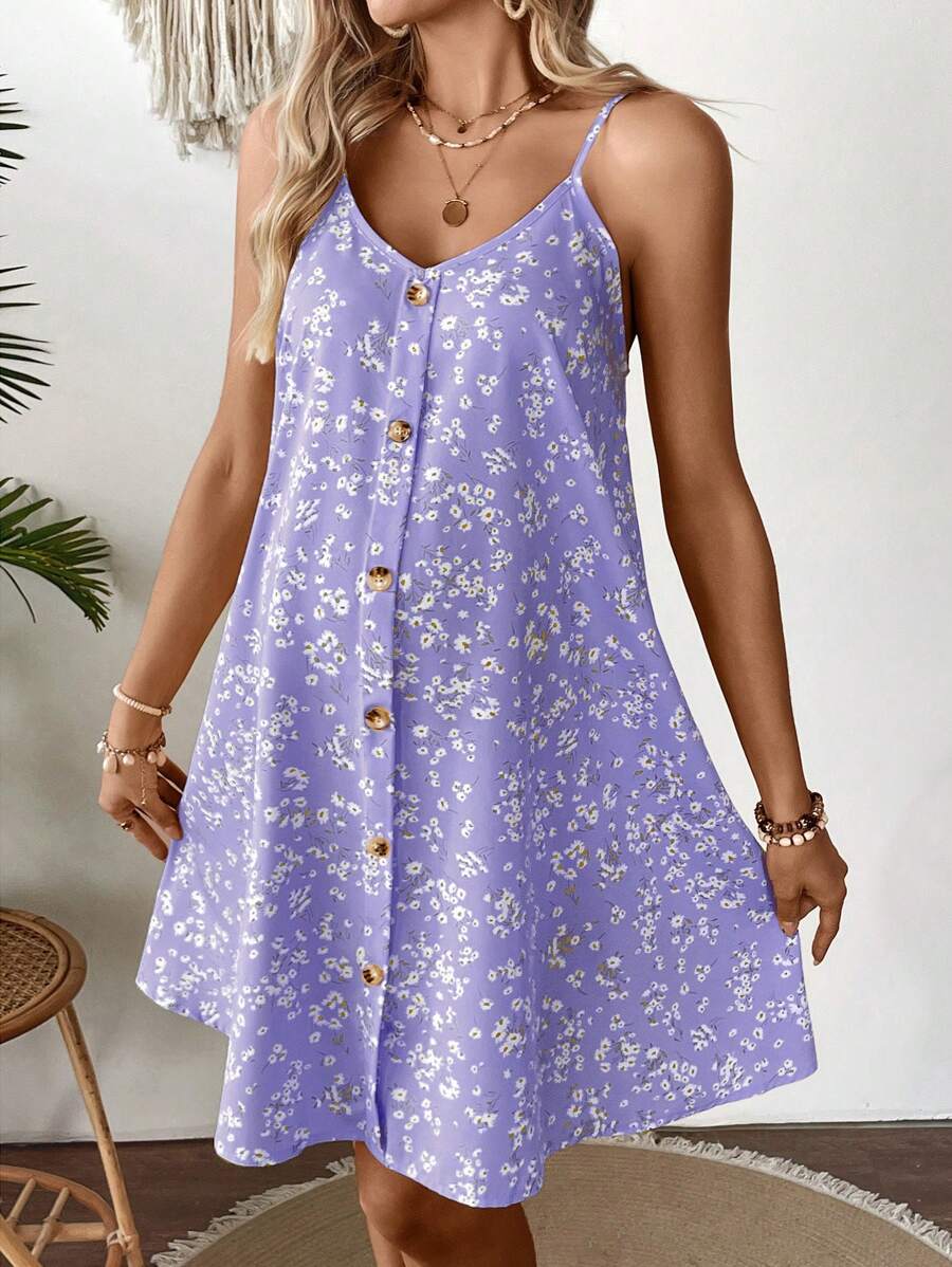 SHEIN 波西米亚孕妇度假碎花纽扣设计吊带背心连衣裙 - 淡紫色 - 查看 1