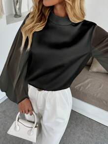 Uhlyne Fall Women Clothes Women's Elegant Minimalist Lantern Sleeve Fashion Blouse - Black - View 5