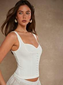 COSMINA Women's Solid Color Button Design Fitted Sweetheart Neck Casual Camisole - Black - View 5