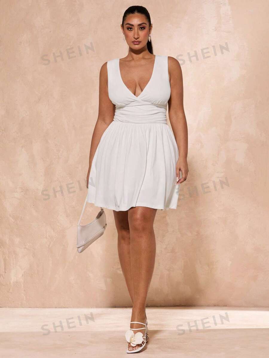 SHEIN BAE Vestido mini de manga larga con cuello en V profundo, volantes en las mangas y cintura, de talla grande, blanco, para uso diario, sexy, otoño e invierno, para boda, salida nocturna, San Valentín, cóctel, fiesta, cita con amigos, reunión familiar, vestido de novia, dama de honor, vestido casual, vestido de graduación blanco, vestido de invitada de boda