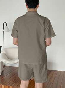 DAZY 男士夏季纯色短袖 Polo 衫和短裤套装 - 灰色 - 查看 2