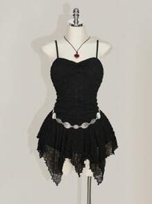 SHEIN ICON Plus Size Women Solid Color Pleated Spaghetti Strap Asymmetrical Hem Dress - Black - View 3