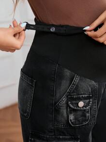 SHEIN Adjustable Waist Cargo Pockets Maternity Casual Denim Shorts