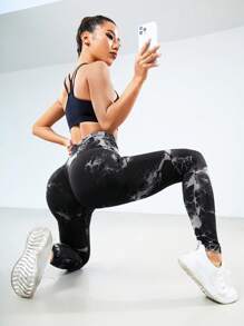 Slayform Slayform 扎染无缝高弹力运动紧身裤 Sport Studio 高腰无缝修身女式紧身裤 - 弹性柔软触感透气四向拉伸紧身裤，适合跑步、骑行、瑜伽、泡菜球运动、休闲 - 藏蓝色 - 查看 4