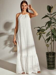 Breezaya Vestido informal de vacaciones con halter, lazo y espalda cruzada de estilo moderno y casual - Blanco - Ver 5
