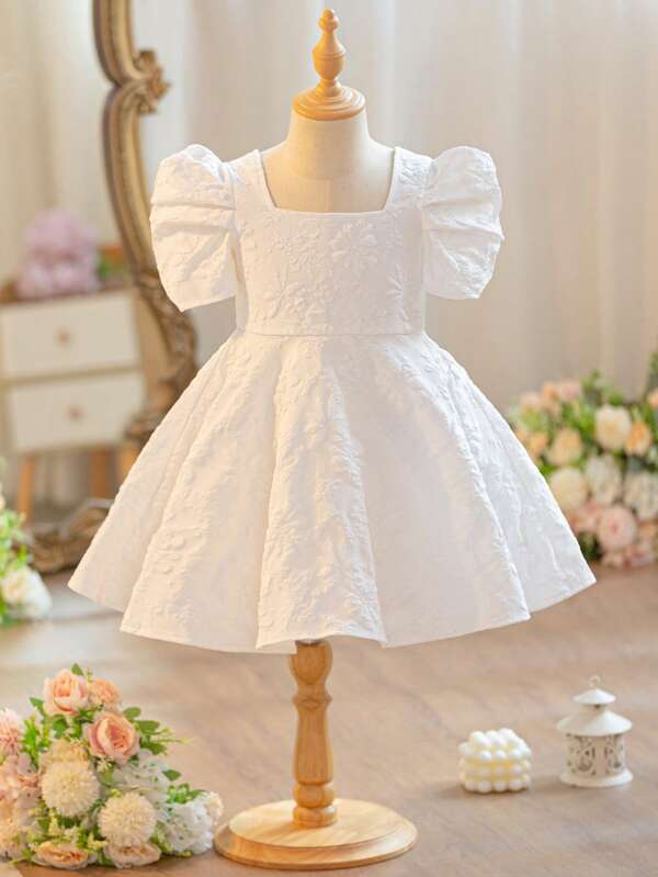 Young Girl Plain Jacquard Gigot Sleeve Fitted A-Line Dress