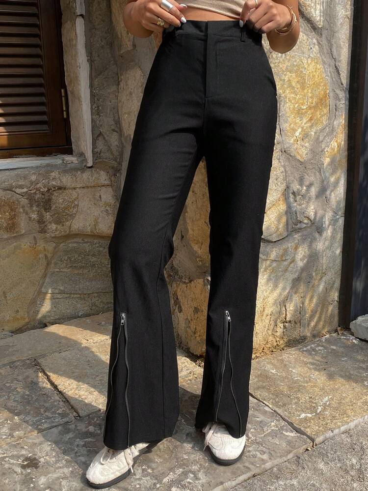 Solid Color Fitted Flare Pants With Zipper, Women Spring/Summer Long Trousers