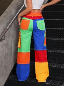 SHEIN PETITE Women's Multicolor Patchwork Denim Jeans: Extra Long, Casual Style, Zipper Details - Multicolor - View 2