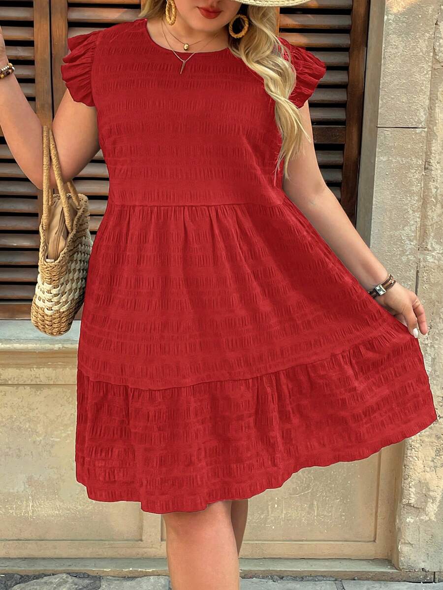 SHEIN VCAY Plus Size Sleeveless Solid Color Round Neck Casual Summer Dress - Red - View 1