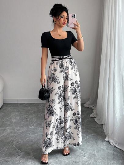 Vaclyn Summer Vacation Elegant Square Neck Short Sleeve Slim Top, Floral Patchwork Color Blocking Wide Leg Pants With Cross Tie Strap Romper For Women