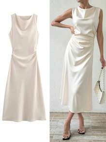 优雅女士长款褶皱腰线设计连衣裙