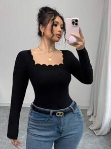 Arcane Artistry Áo thun nữ cổ vuông tay dài màu đen viền bèo nhún thanh lịch ôm sát vừa vặn - màu đen - Xem 7