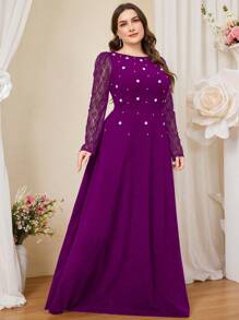 Coutiva 加大码优雅针织连衣裙，撞色蕾丝和泡泡袖，正式、派对礼服、晚礼服、婚礼宾客礼服