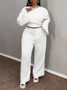 Slaydiva 2024 New Basic Solid Color Long Sleeve Cropped Top, Cami, And Wide Leg Long Pants 3 Piece Set, Plus Size Women Casual Homewear