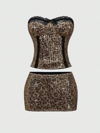 Grunge Punk Conjunto de 2 piezas con top tipo bustier con encaje de contraste con estampado de leopardo y lentejuelas, y minifalda ajustado de talle súper bajo en estilo Y2K