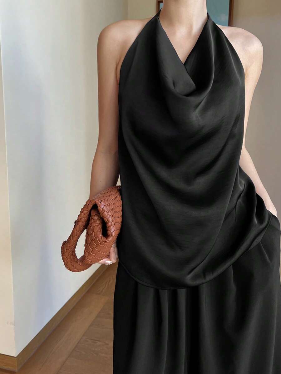 DAZY Women's Solid Color Fashionable Loose Draped Neck Top - Black - View 1