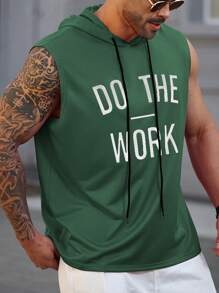 Manfinity Homme Plus Size Men's Slogan Printed Drawstring Casual Hooded Tank Top - Green - View 3