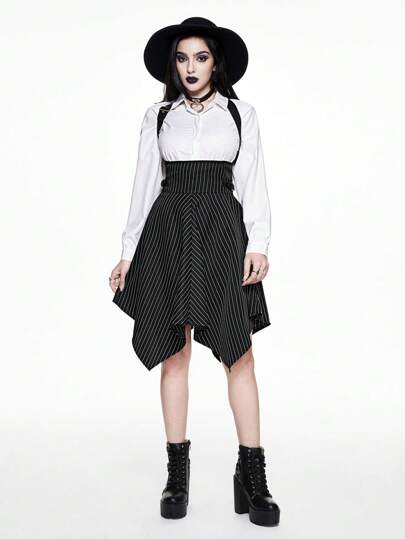 Goth Vestido de peto estilo gótico de PU con cordones y rayas en blanco y negro para mujeres