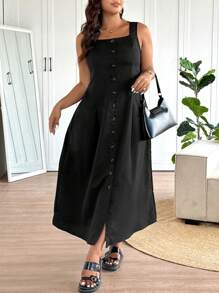 SHEIN Frenchy Vestido maxi negro sin mangas con diseño de botones para mujer de talla grande, estilo elegante y casual, nueva moda de primavera/verano
