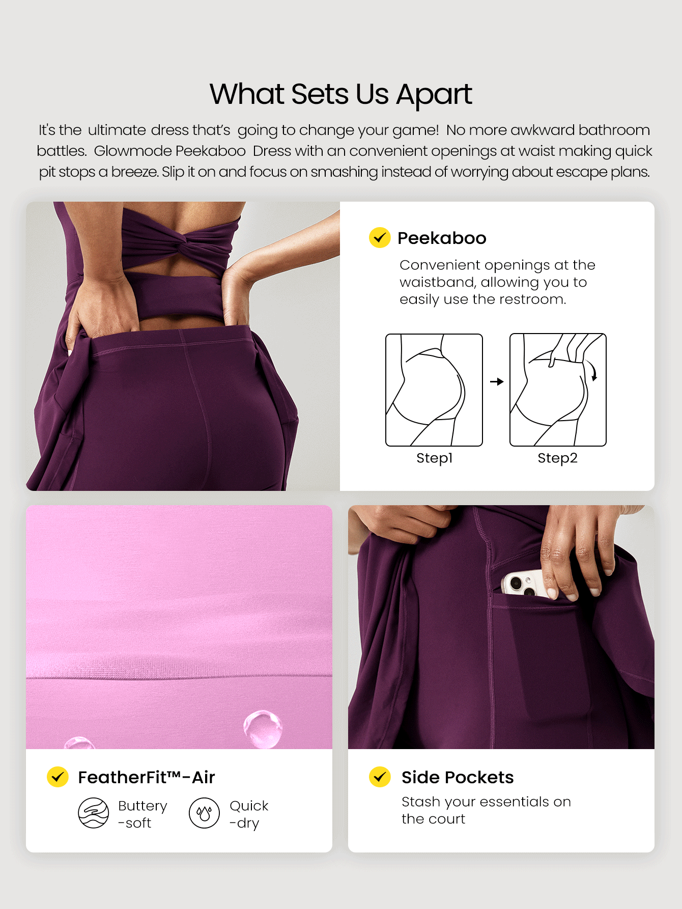 GLOWMODE FeatherFit™-Air 游戏套装 A 字形内置露肩短款打结口袋吊带连衣裙低冲击日常夏季速干吸湿排汗 - 櫻桃可樂 - 查看 2