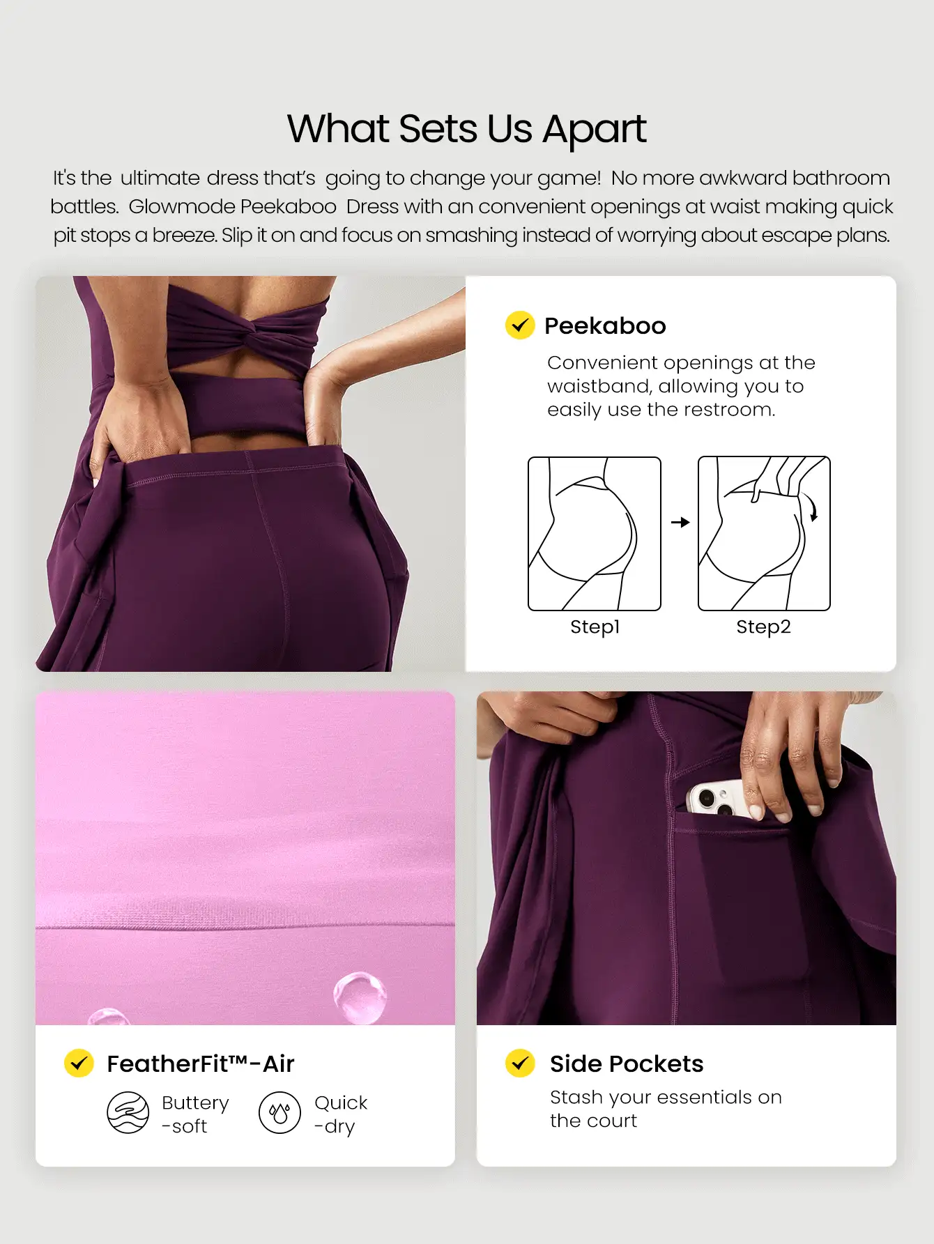 FeatherFit™-Air Spieleset A-Linie Kleid mit integrierter Passe-Ausschnitt, kurzem Rock, geknoteter Tasche, Neckholder, leichte Belastung, Alltag Sommer, schnelltrocknend, feuchtigkeitsableitend