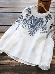 INAWLY 大码图案休闲衬衫，波西米亚风格度假上衣