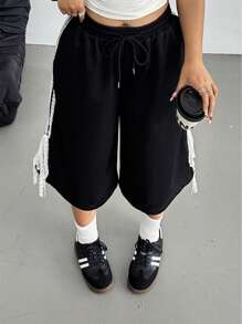 POPSWAY Plus Size Women's Spring/Summer Black Casual Sports Street Style Knit White Lace-Up Bermuda Shorts
