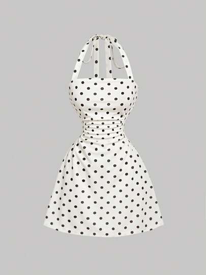 SHEIN MOD Vestido corto de mujer con escote de pico y estampado de lunares