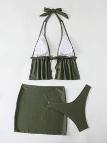 Swim SXY 3 件套新款系带三角形女士泳衣，采用闪亮材质和不对称金属装饰 - 軍綠色 - 查看 5