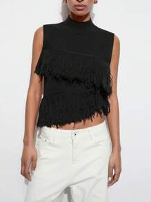 Maija Women Fashionable Solid Color Sleeveless Knit Top With Tassel Decor,Fall Women Clothes,European Summer - Black - View 2