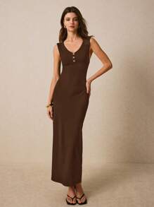 Poéselle Women's Button Design V-Neck Sleeveless Long Casual Dress,Business Casual Woman,Summer Dresses For Women - Brown - View 8