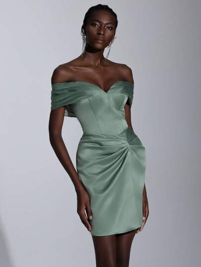 Elitara Elegant Luxurious Off-Shoulder Satin Ruched Twist Back Tie Mini Dress, Suitable For Wedding, Birthday Party, Vacation, Ball Gown, For Cocktail
