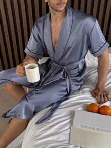 DAZY 舒适缎面抽绳腰部设计蓝色男士睡袍，春夏睡衣 - 藍色 - 查看 9