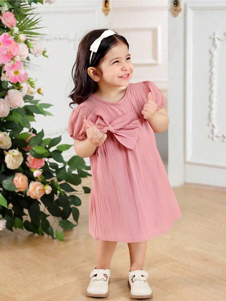 Baby Girls 2024 New Summer Cute Princess Style Dress (With Bow) - Pink - View 1