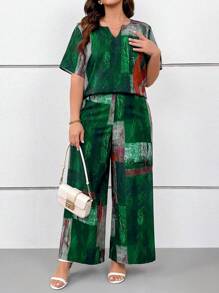 SHEIN LUNE 大码女式复古渐变色印花度假睡衣套装，含短款 V 领上衣和长裤，春夏