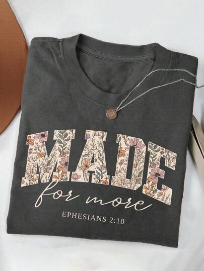 INAWLY Camiseta de manga corta, cuello redondo y ajuste holgado con estampado de letras y flores para mujeres