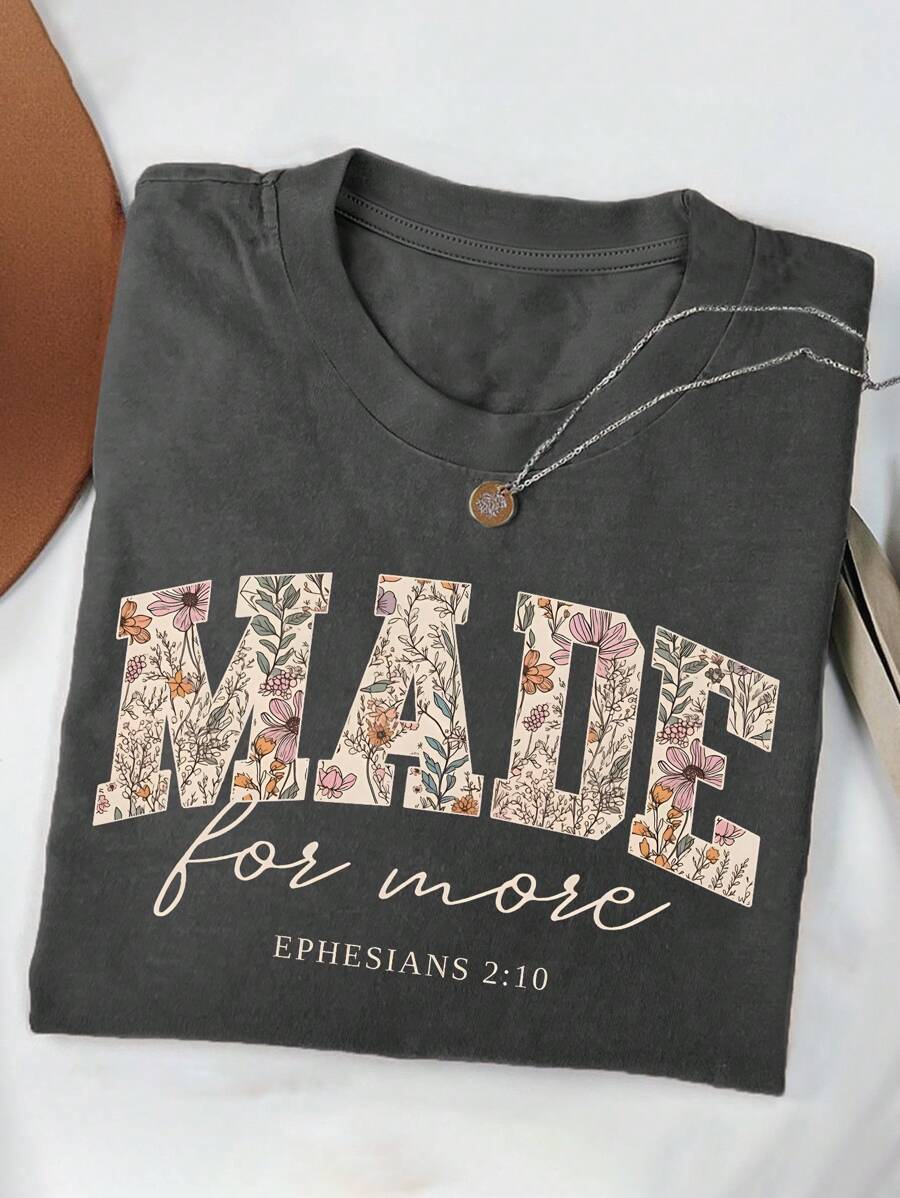 INAWLY 女士字母与花卉印花宽松短袖圆领 T 恤 - 深灰色 - 查看 1