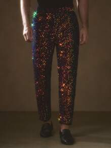 Manfinity VCAY 1 件装 男士 Y2K 服装 华丽编织商务休闲派对装 高街复古风格黑色亮片裤子 返校秋季服装 万圣节服装 - 紫色 - 查看 6