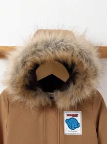 SHEIN Áo khoác trùm đầu ấm áp hình gấu bông phong cách đường phố giản dị cho bé trai có họa tiết chữ và viền trang trí bằng vải nhung - màu nâu - Xem 7