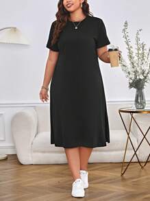 SHEIN Essnce Plus Solid Split Thigh Tee Dress - Black - View 5