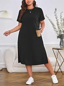 SHEIN Essnce Plus Solid Split Thigh Tee Dress - Black - View 7