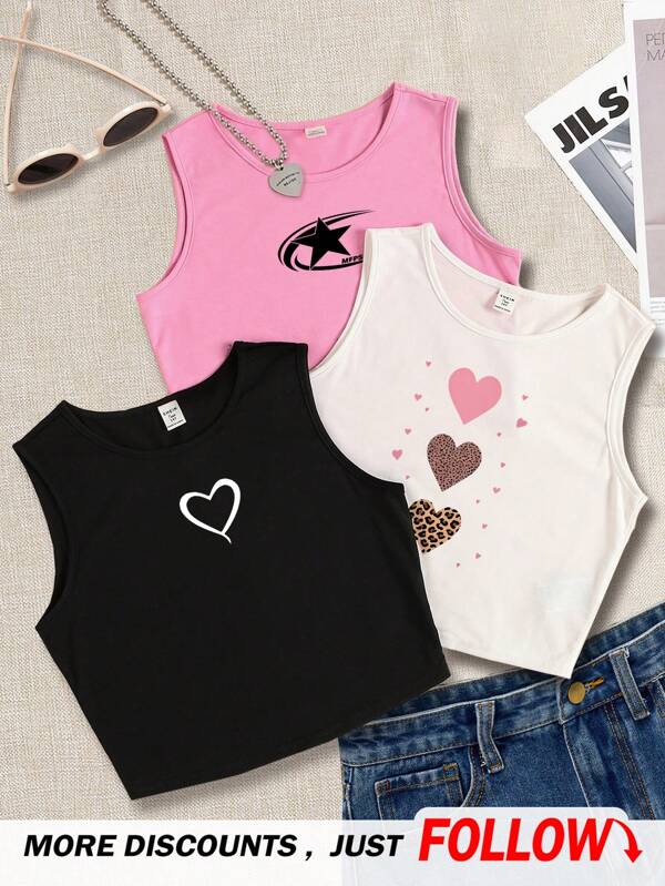 SHEIN Ensemble de 3 tops de réservoir imprimés à cœur et pentagramme simples pour adolescentes, parfaits pour l'été