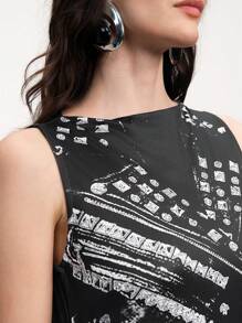 Chiquease 女士黑白 3D 印花无袖休闲上衣，适合通勤，春夏季 - 黑色 - 查看 5