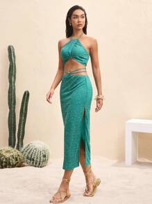 BY FELIZIA 绿松石色闪光镂空收腰性感长裙 - 綠色 - 查看 3